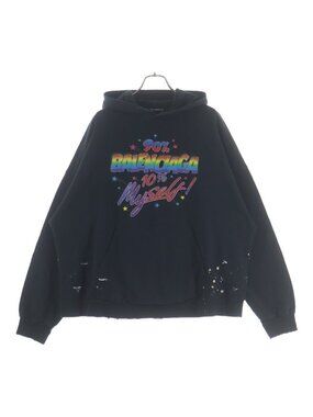 Balenciaga Logo Print Distressed Pullover Sweatshirt Hoodie Black